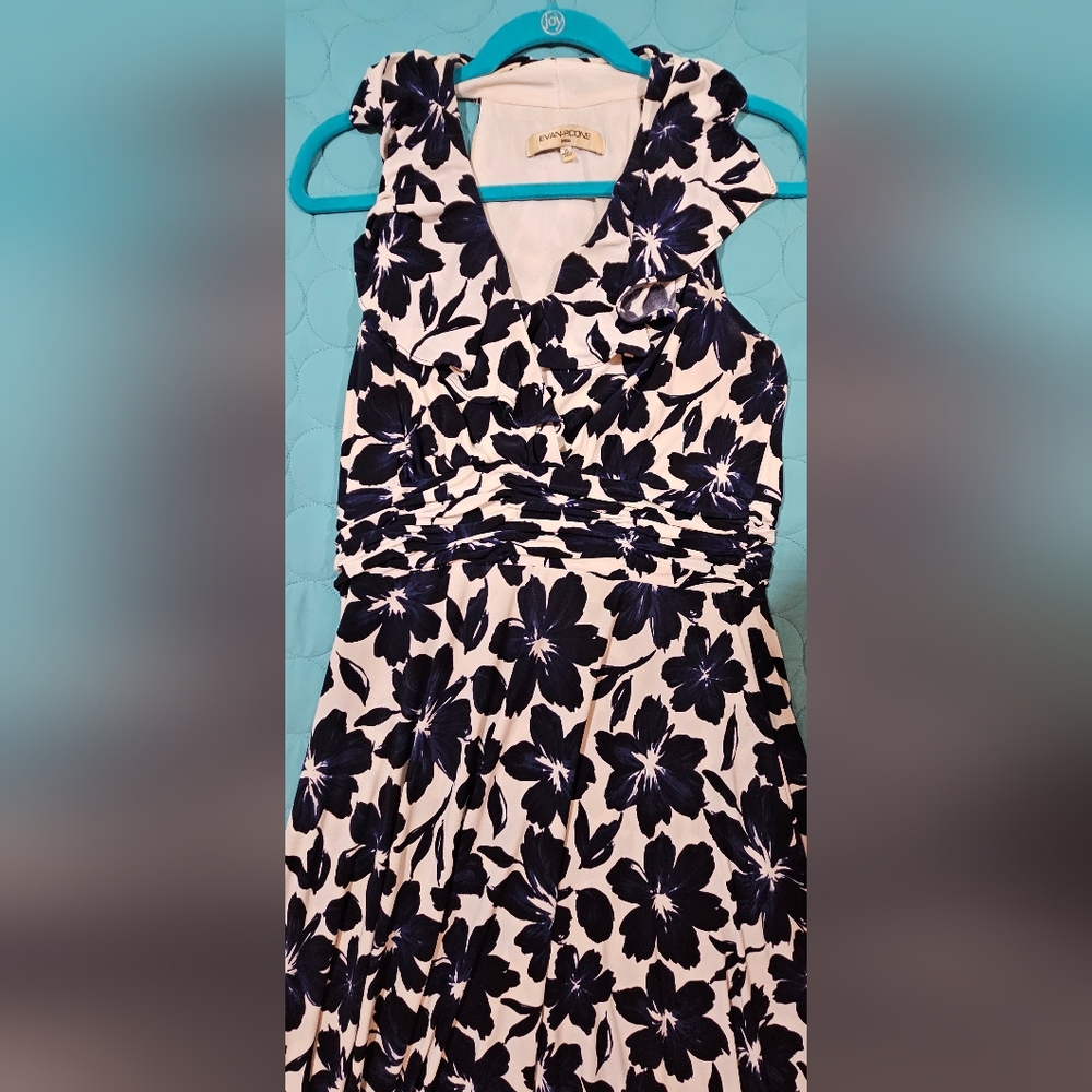 Evan Picone Navy Blue & White‎ Sleeveless Floral A-Line Dress Nordstrom Size 10 - Picture 2 of 4